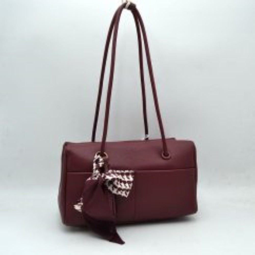 Pebbled Barrel Shoulder Bag with Long Slim Handles and Scarf Accent