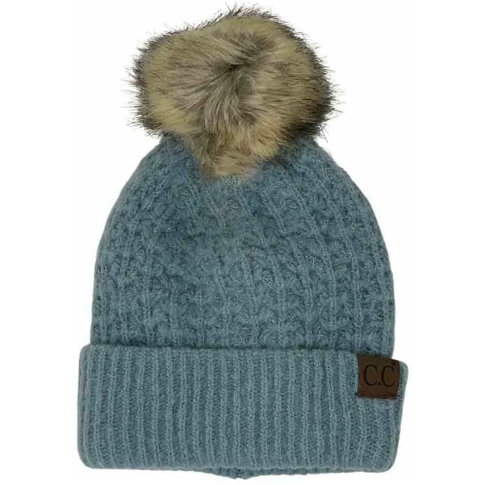 Solid Smocked Stitch Fur Pom C.C Beanie