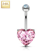14k Solid White Gold Prong Set Pink 6mm CZ Heart Belly Ring