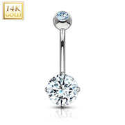 14k Solid White Gold 4-Prong Set 6mm CZ Belly Ring