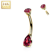14k Solid Yellow Gold Double Prong Set Red Teardrop Cubic Zirconia Belly Ring