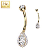 14k Solid Yellow Gold Cubic Zirconia Deco Tear Drop Belly Ring