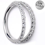 16G 3/8 Solid 14K White Gold Clear CZ Gem Hinged Segment Ring