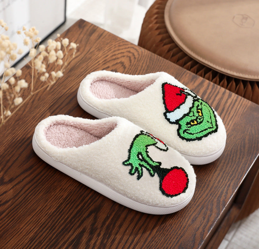 Chaussons de Noël en fourrure verte pour hommes et femmes, chaussons d'hiver pour la maison 