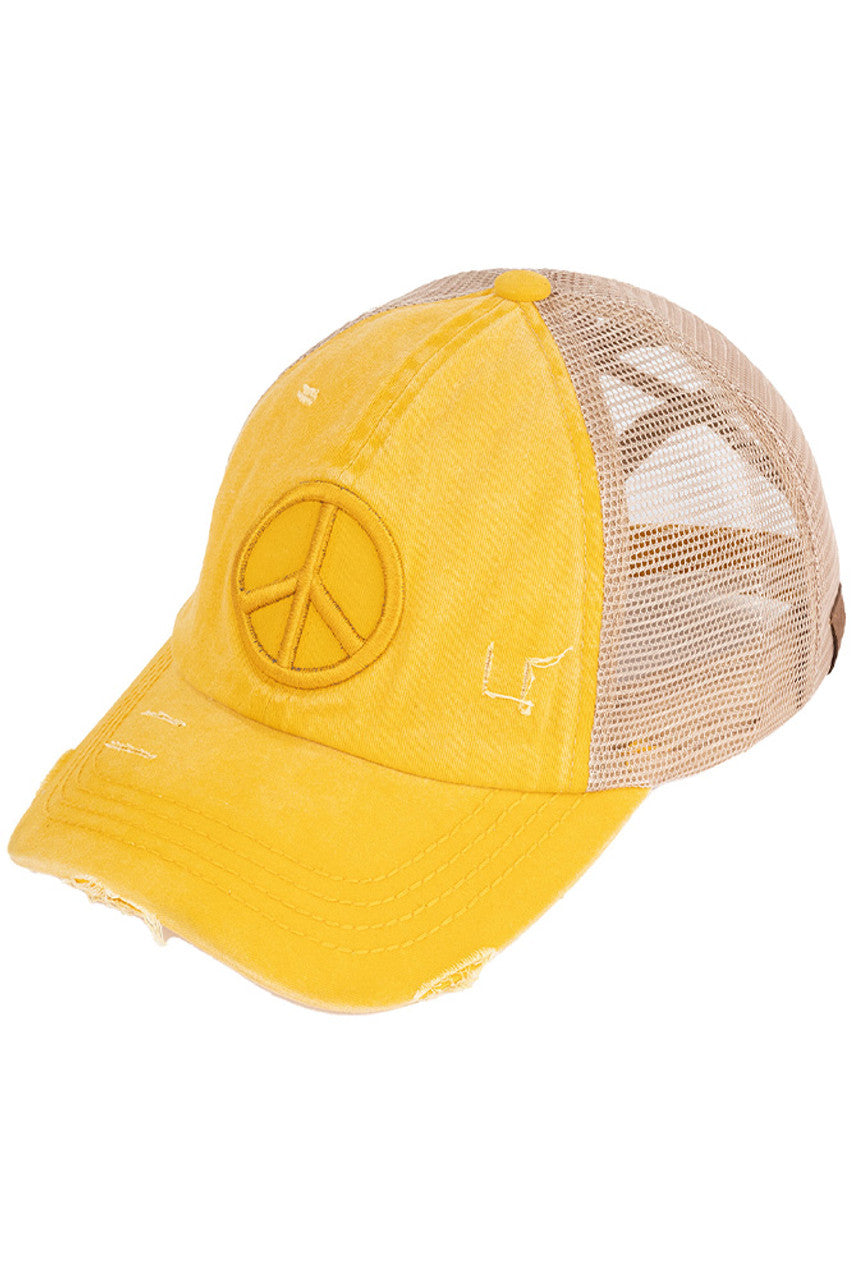 C.C Women's Peace Sign Distressed Ponytail Cap