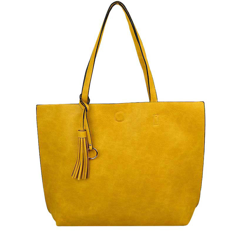 Reversible Faux Leather Tote Bag Vegan Tassel Handbag