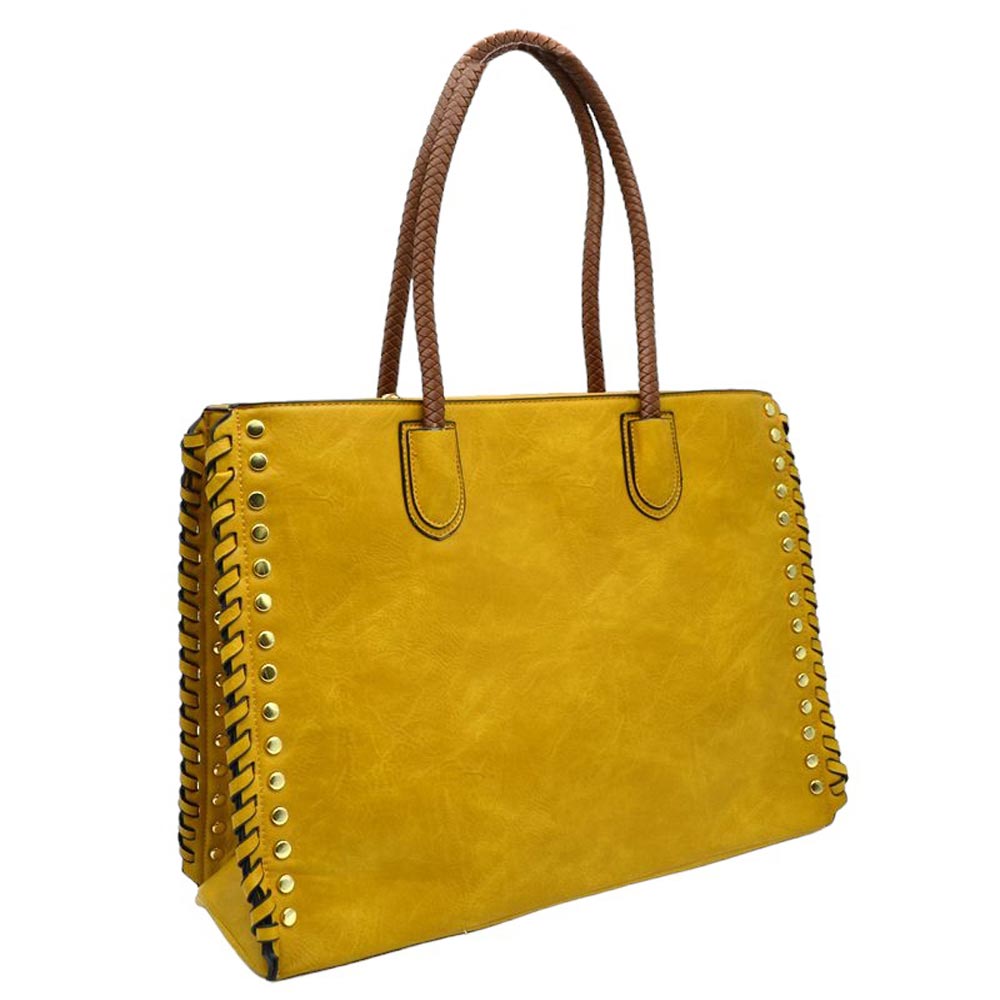 Women's Studded Faux Leather Whipstitch Shoulder Bag Tote