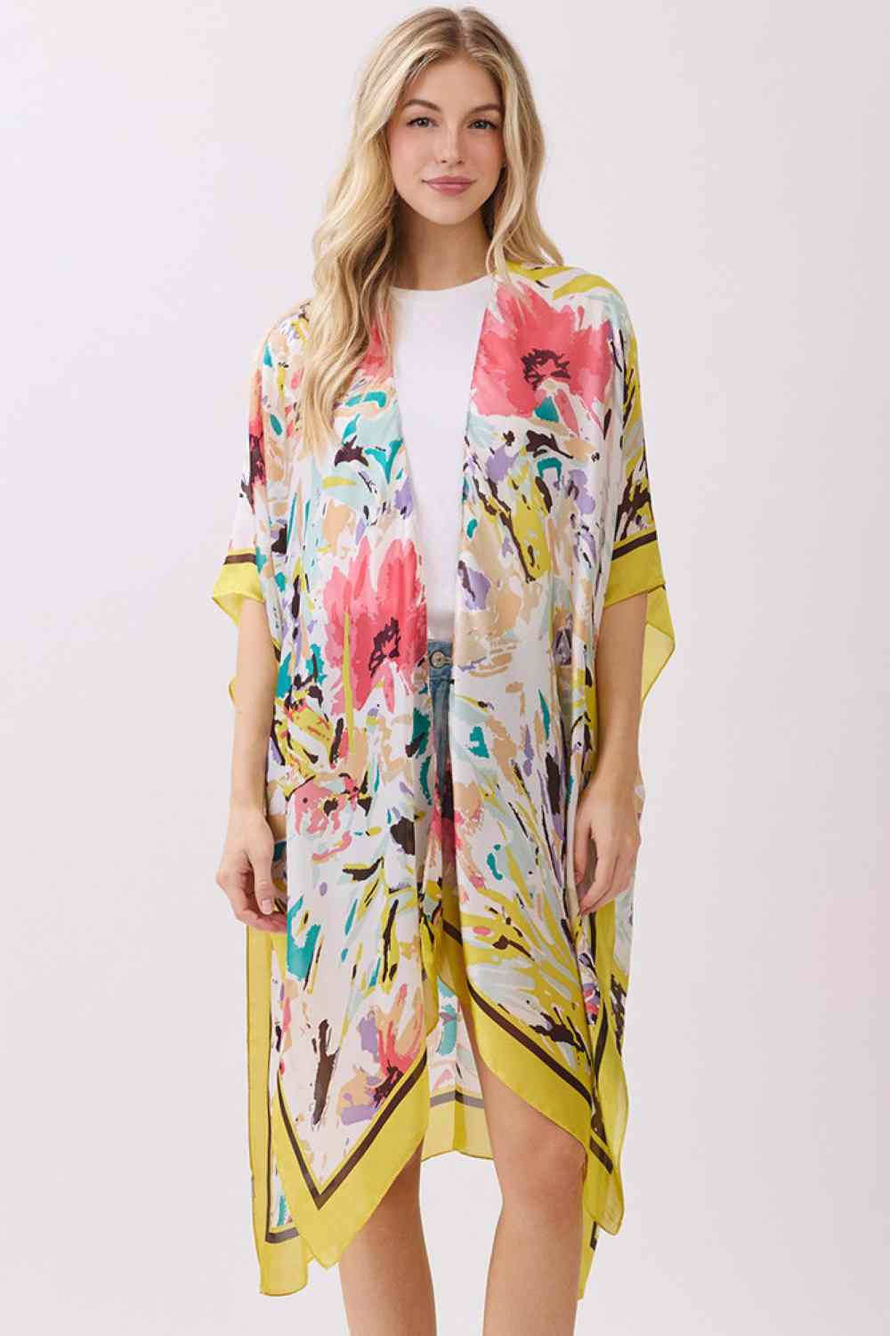 Abstract Floral Print and Solid Color Edge Silky Feel Kimono