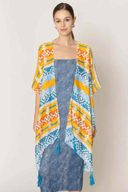 Striking Aztec Pattern Print Tassel Kimono