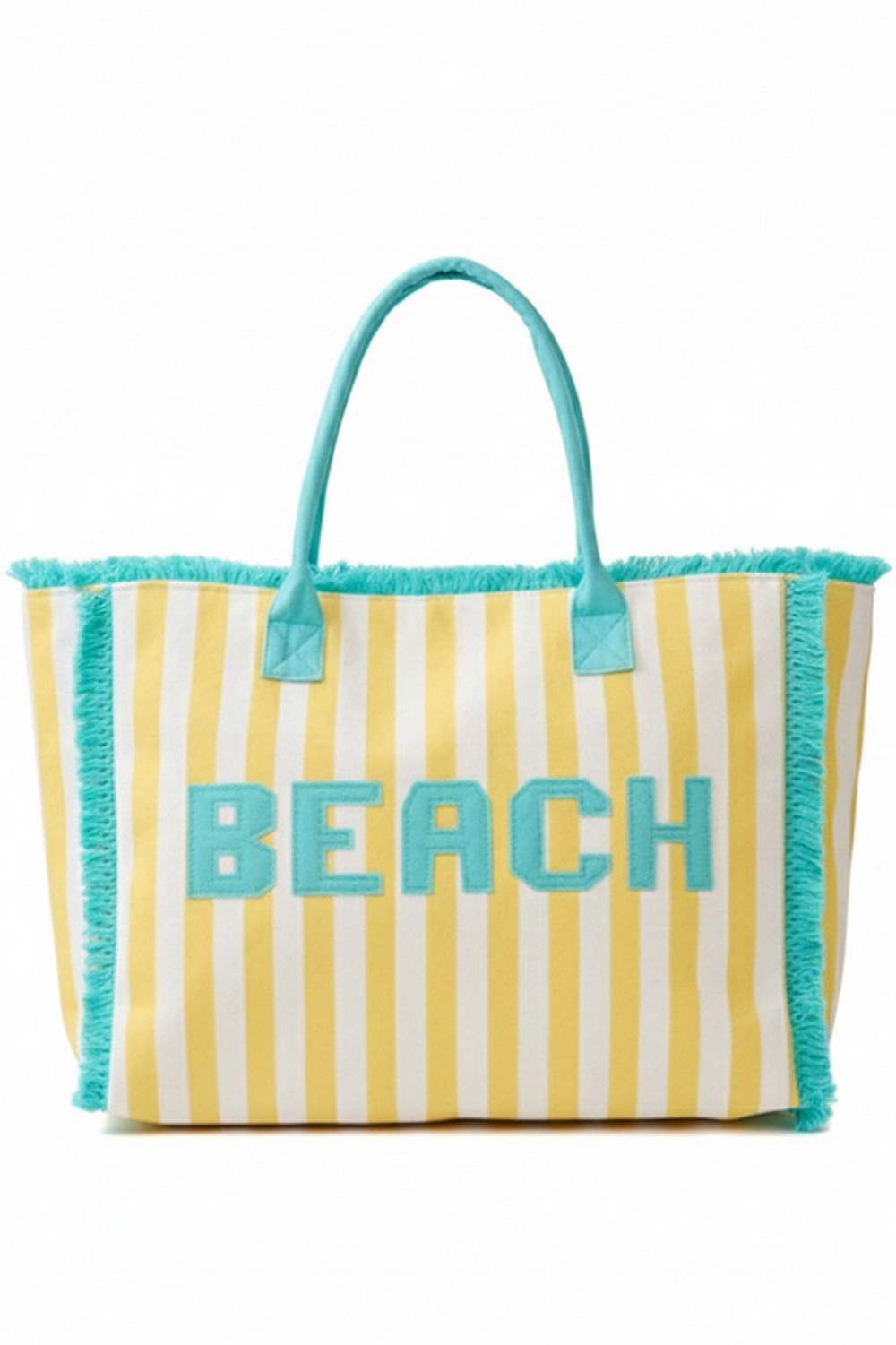 BEACH Letter with Striped Pattern and Frayed Summer Tote Bag