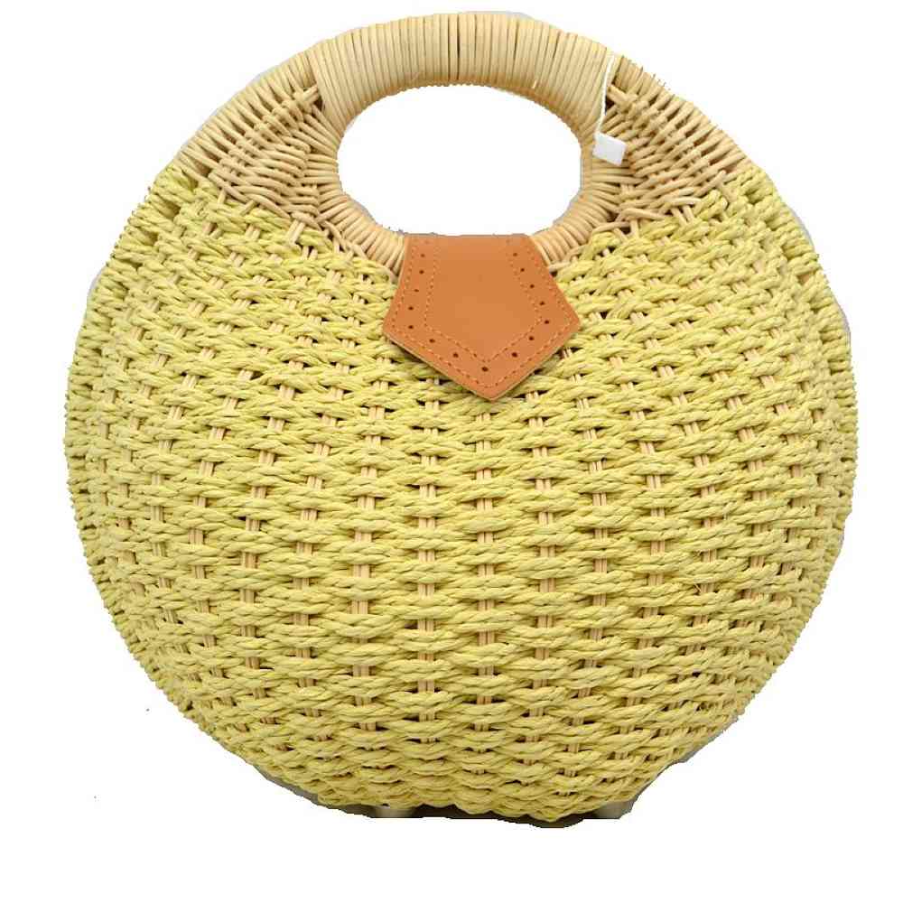 Boho Round Woven Straw Satchel – Convertible Circle Basket Bag with Chain Strap