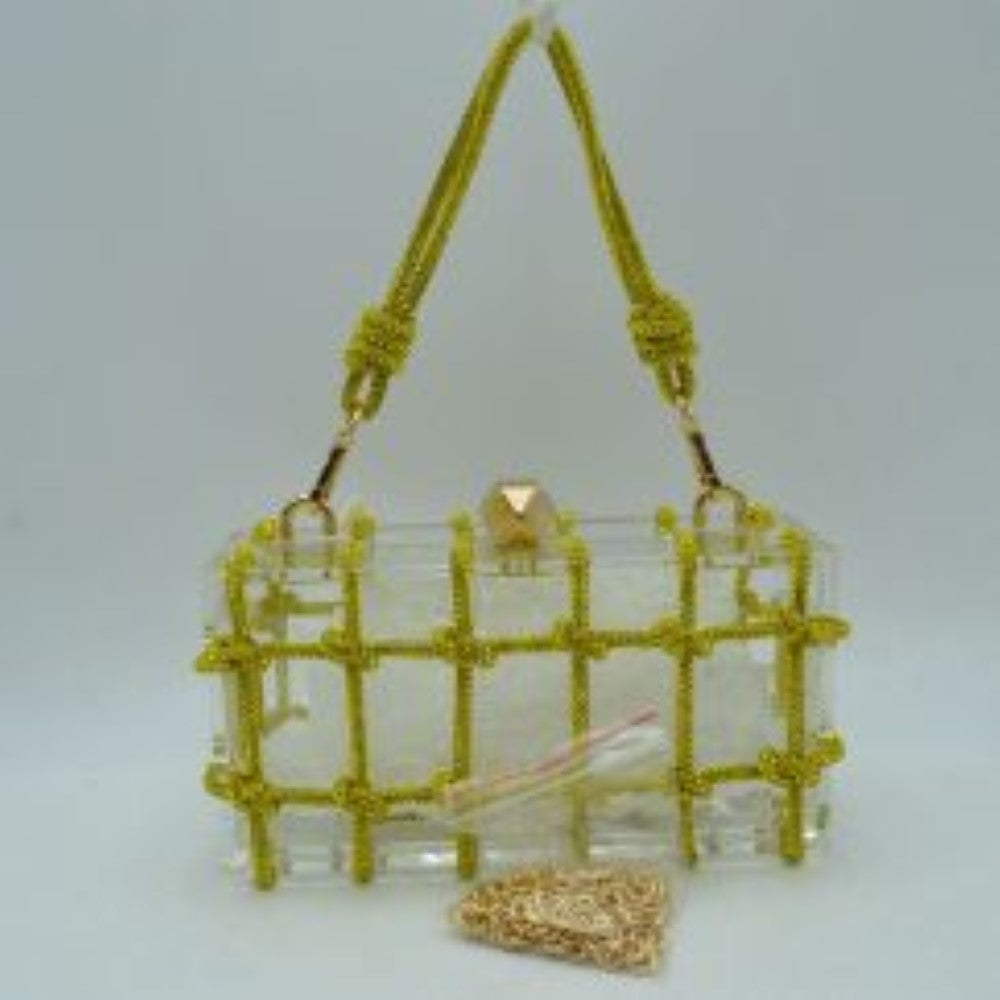 Box Clutch Bag with Cage Overlay and Cord Top Handle
