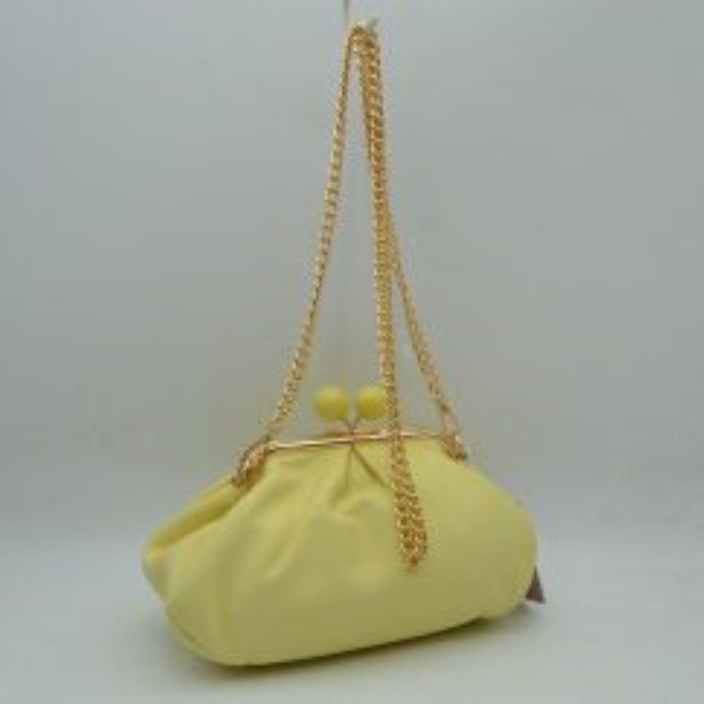 Ruched Kiss Lock Clutch Shoulder Bag with Detachable Gold Chain Strap