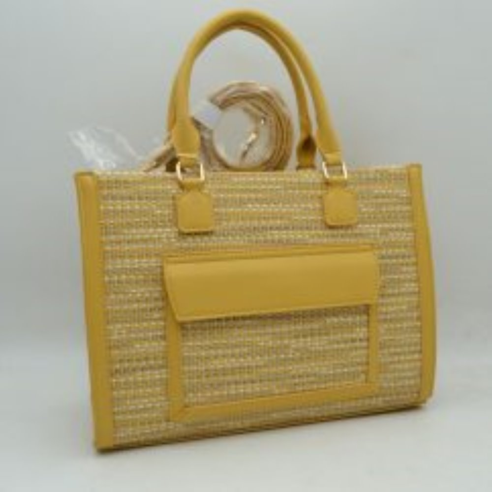 Woven Tweed Structured Laptop Tote Bag with Front Slip Pocket and Crossbody Strap
