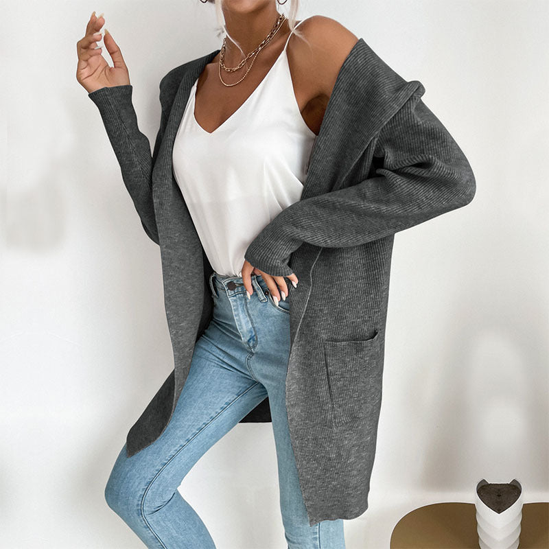 women's hooded pit knitted sweater cardigan coat - Closther