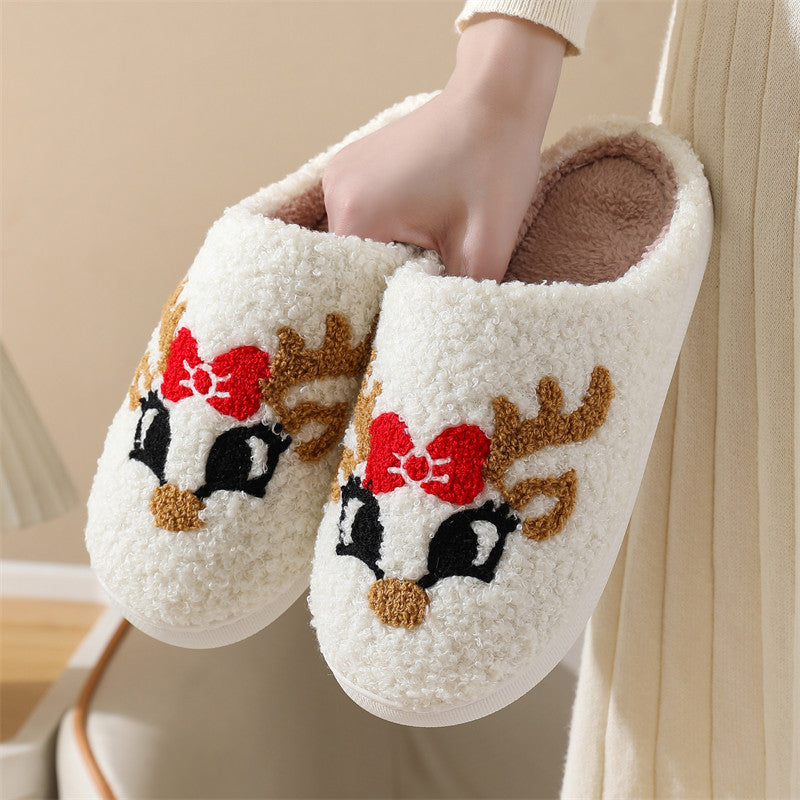 Pantoufles d'intérieur en coton, douces et chaudes, avec un joli motif de renard et de nœud papillon, idéales pour Noël. 