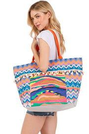 Abstract Boho and Bead Print Pom Pom Tote Bag