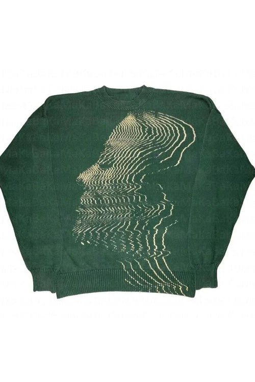 ABSTRACT FACE DESIGN KNITTED CREWNECK SWEATSHIRT IN GREEN