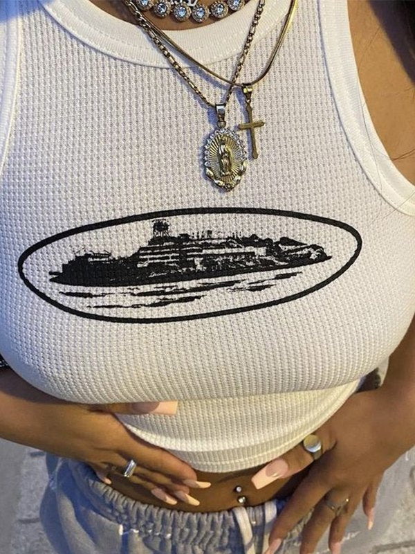 ALCATRAZ GRAPHIC CROP TANK WITH LANDMARK LOGO