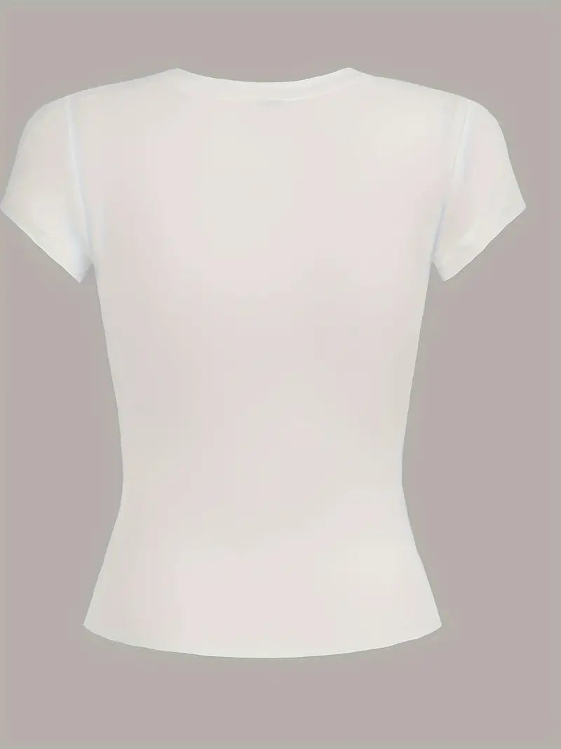 ALLOVER PRINT WHITE T-SHIRT WITH BIKINI BODY DESIGN AND ROUND NECK