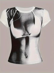 ALLOVER PRINT WHITE T-SHIRT WITH BIKINI BODY DESIGN AND ROUND NECK