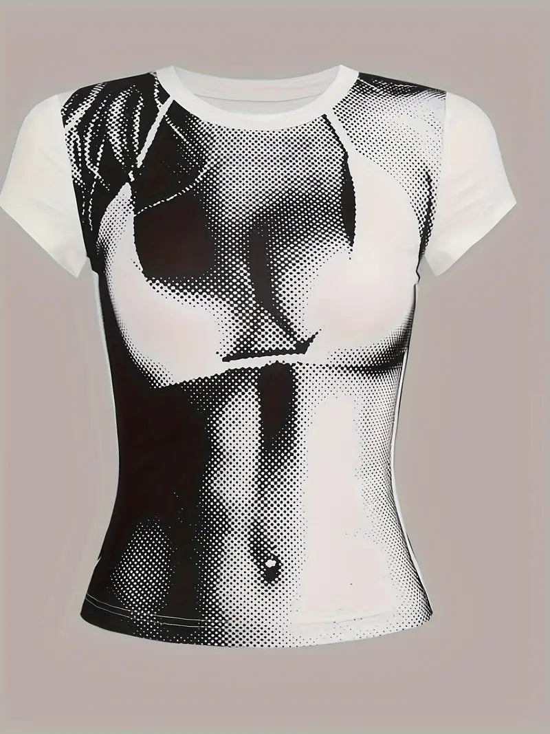 ALLOVER PRINT WHITE T-SHIRT WITH BIKINI BODY DESIGN AND ROUND NECK