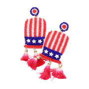 American USA Flag Seed Bead Hat Triple Ombre Tassel Earrings