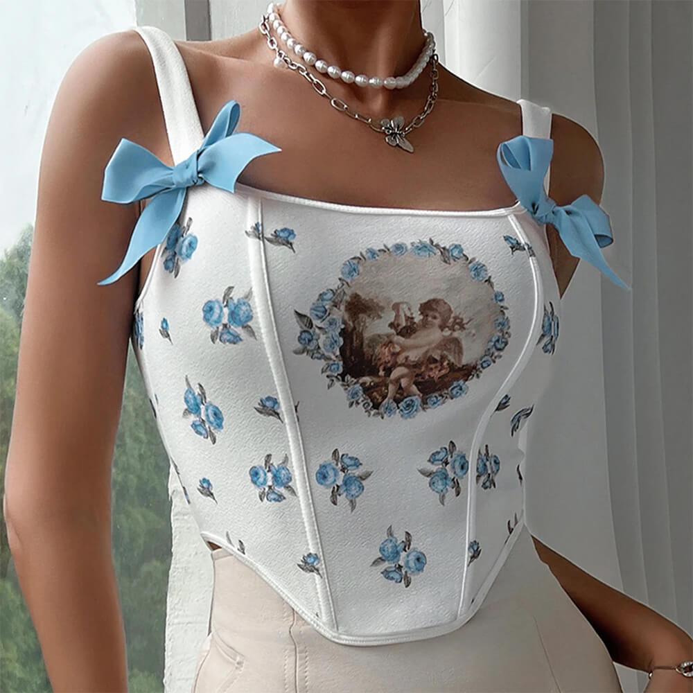 ANGEL PRINT CORSET TOP CHARMING CHERUB PRINT
