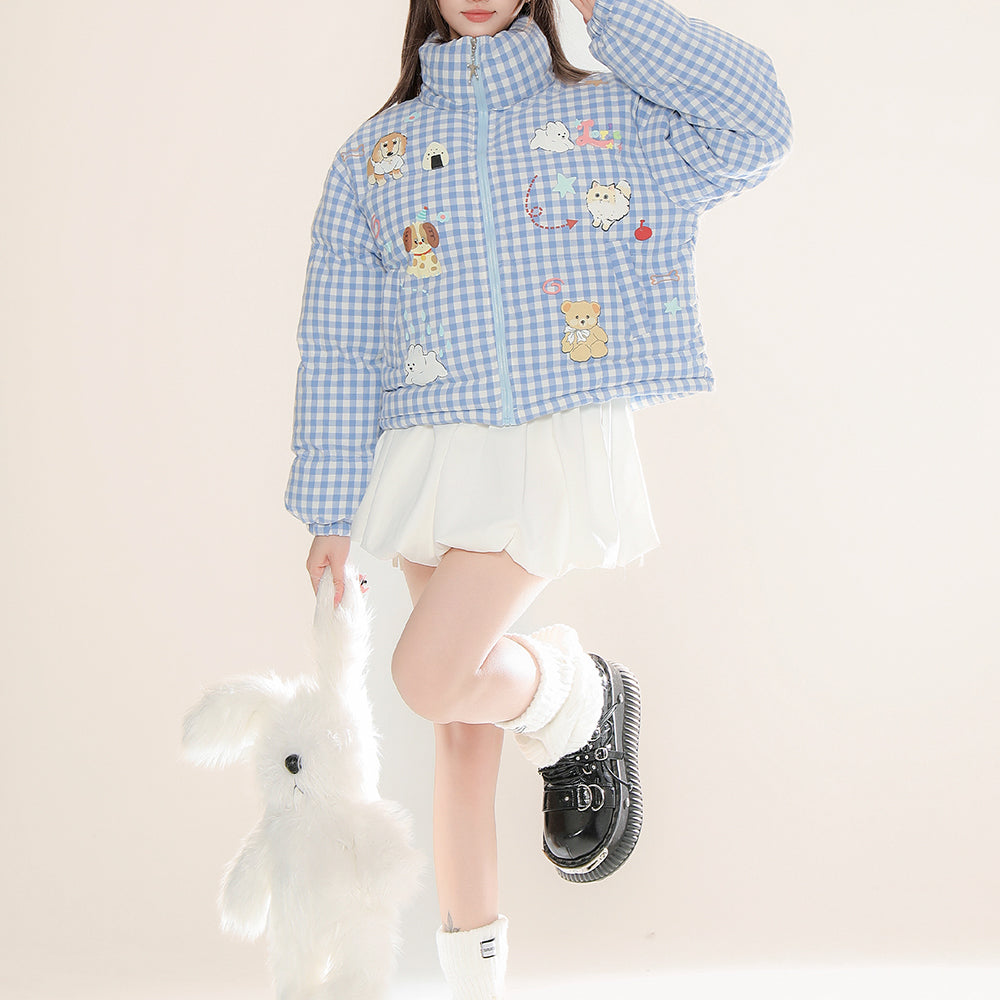 ANIMAL GINGHAM PUFFER JACKET KOREAN AESTHETIC CHECKER