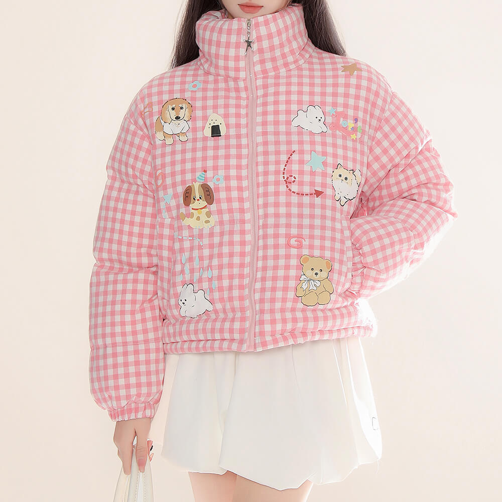 ANIMAL GINGHAM PUFFER JACKET KOREAN AESTHETIC CHECKER