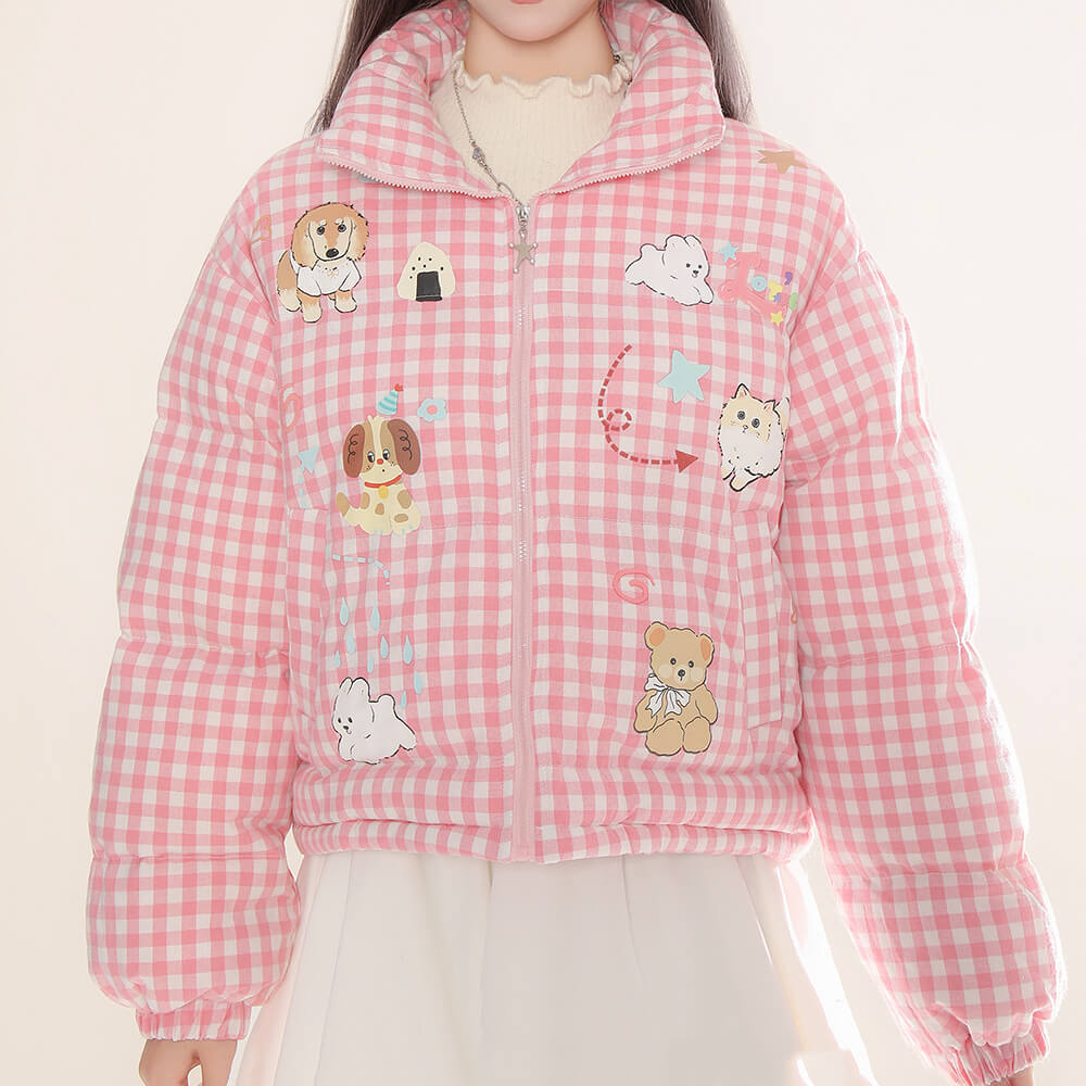 ANIMAL GINGHAM PUFFER JACKET KOREAN AESTHETIC CHECKER