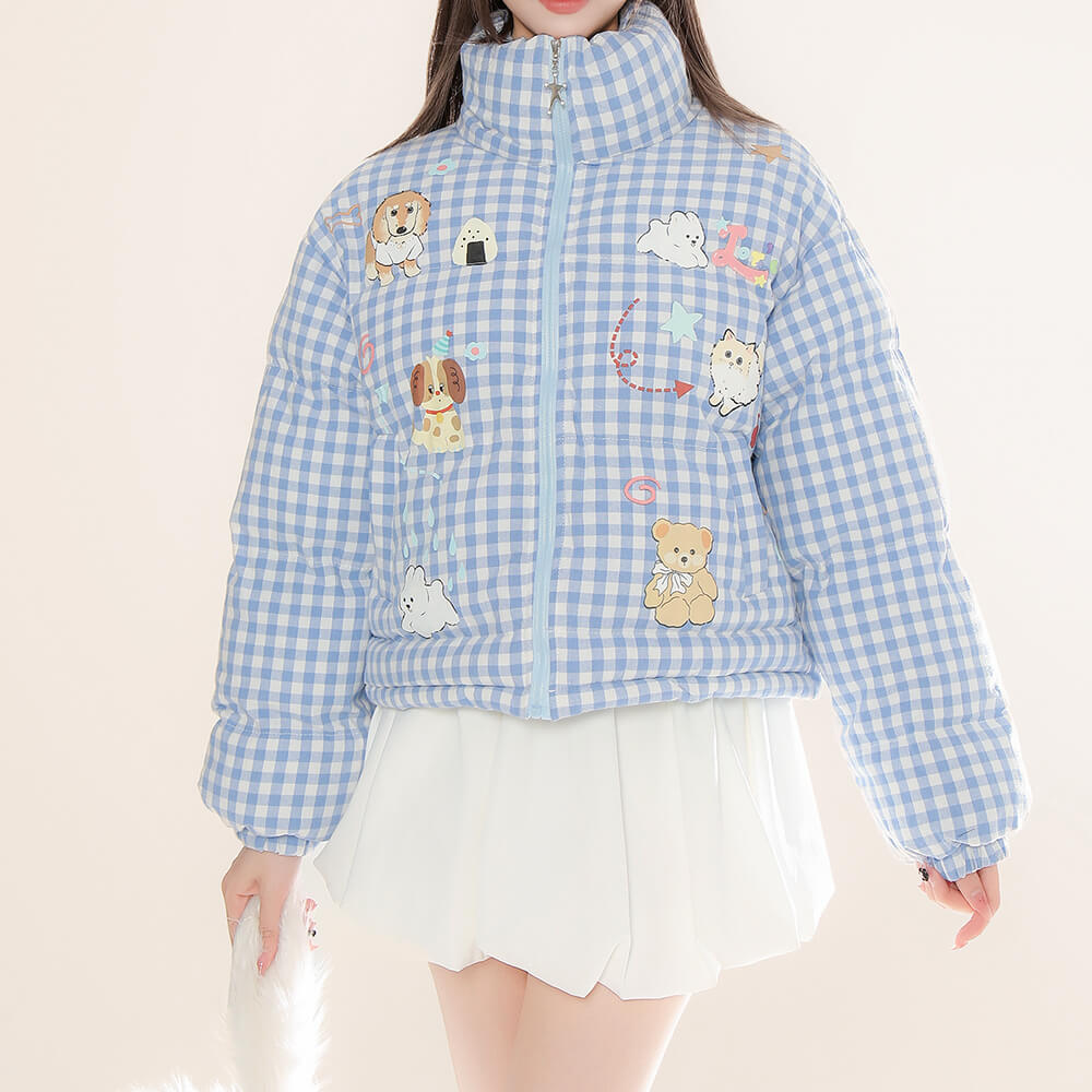 ANIMAL GINGHAM PUFFER JACKET KOREAN AESTHETIC CHECKER