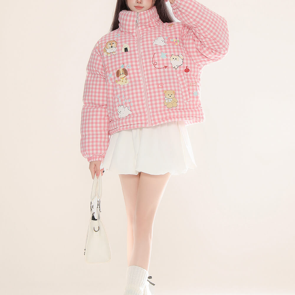 ANIMAL GINGHAM PUFFER JACKET KOREAN AESTHETIC CHECKER