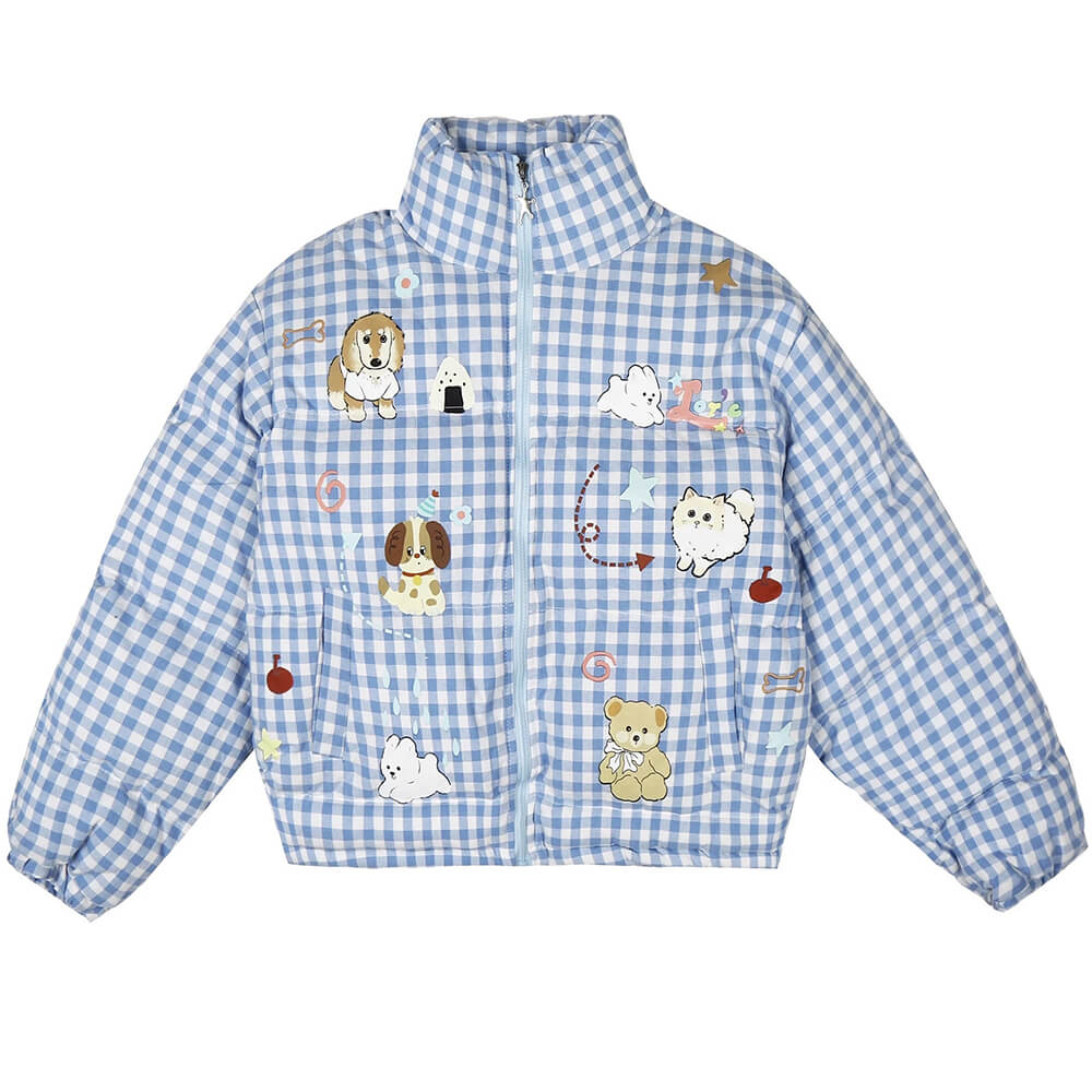 ANIMAL GINGHAM PUFFER JACKET KOREAN AESTHETIC CHECKER