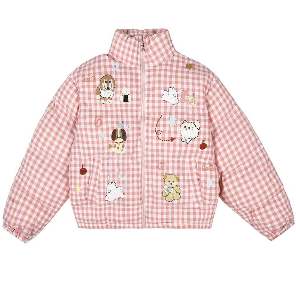 ANIMAL GINGHAM PUFFER JACKET KOREAN AESTHETIC CHECKER