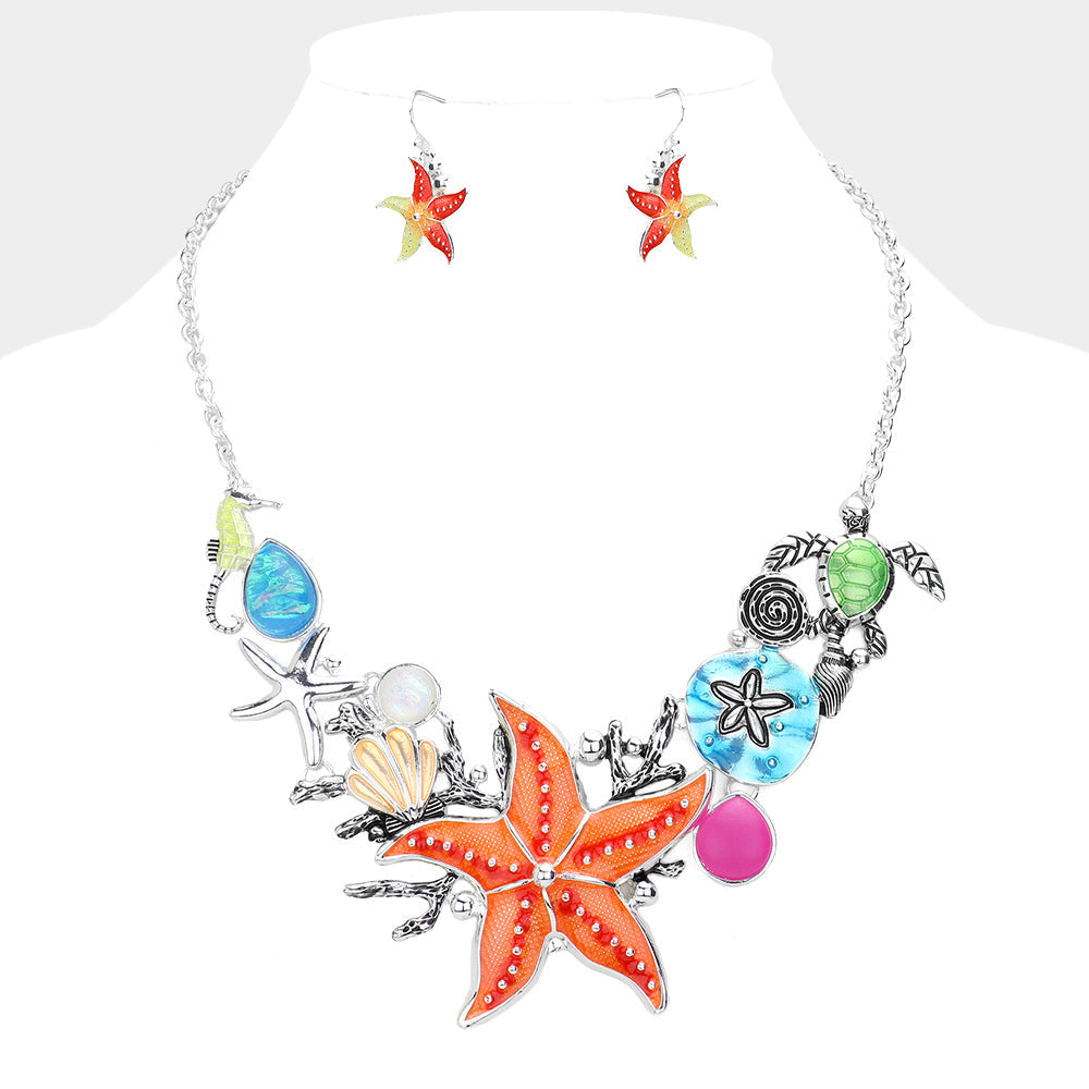 Antique Metal Starfish Sea Turtle Seahorse Shell Sand Dollar Necklace