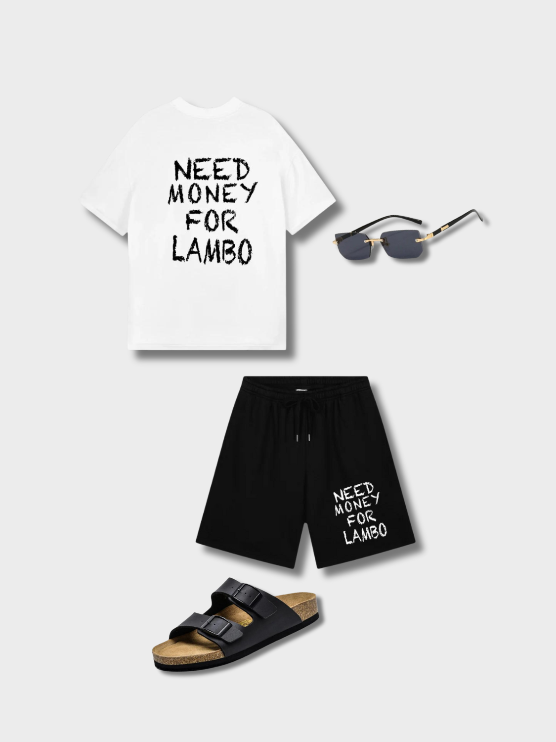 APPAREL SET WITH T-SHIRT, SHORTS, SUNGLASSES, AND SANDALS LAMBO READY OUTFIT