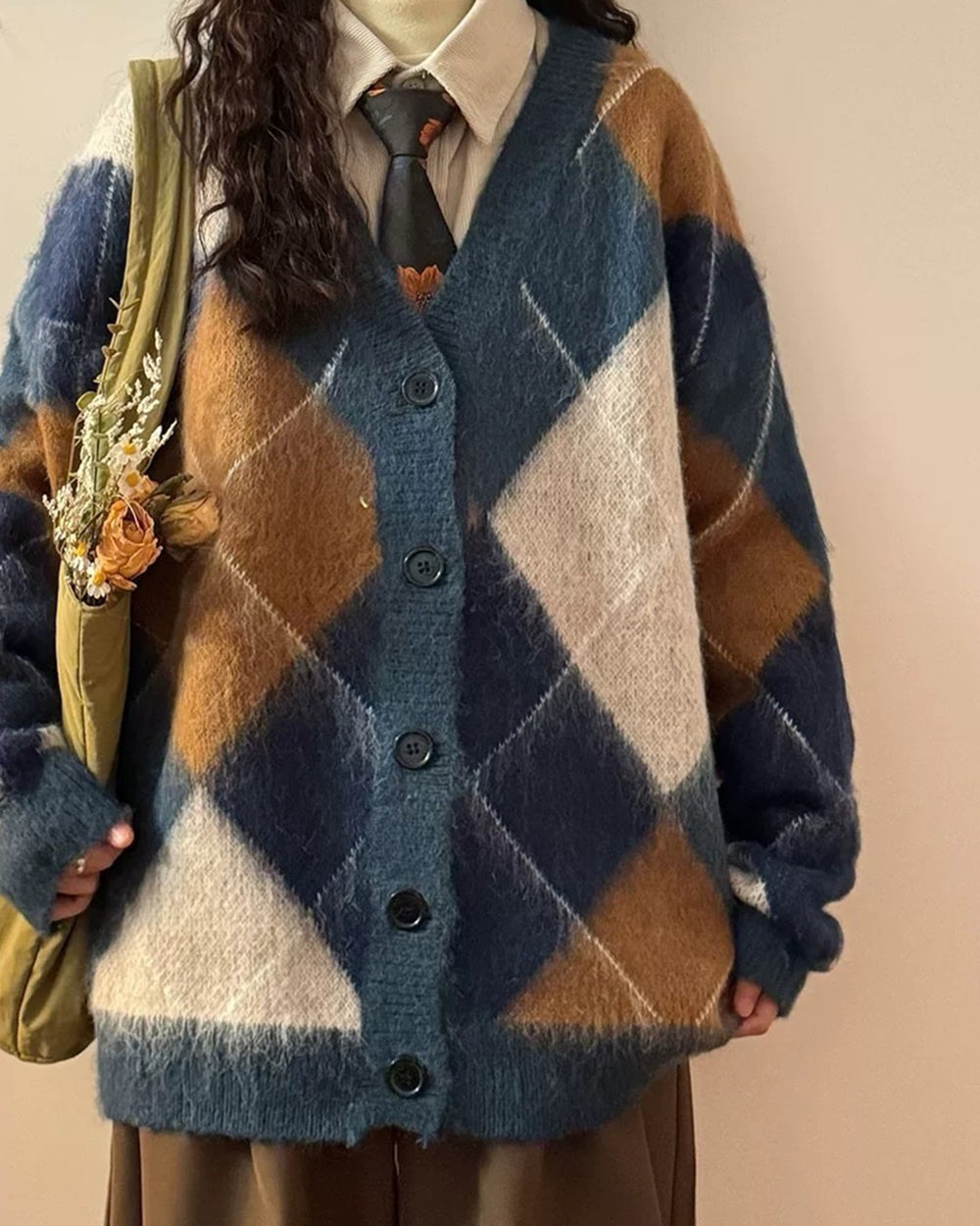 ARGYLE PATTERN CARDIGAN HIGH SCHOOL INSPIRED HIGH-QUALITY ACRYLIC
