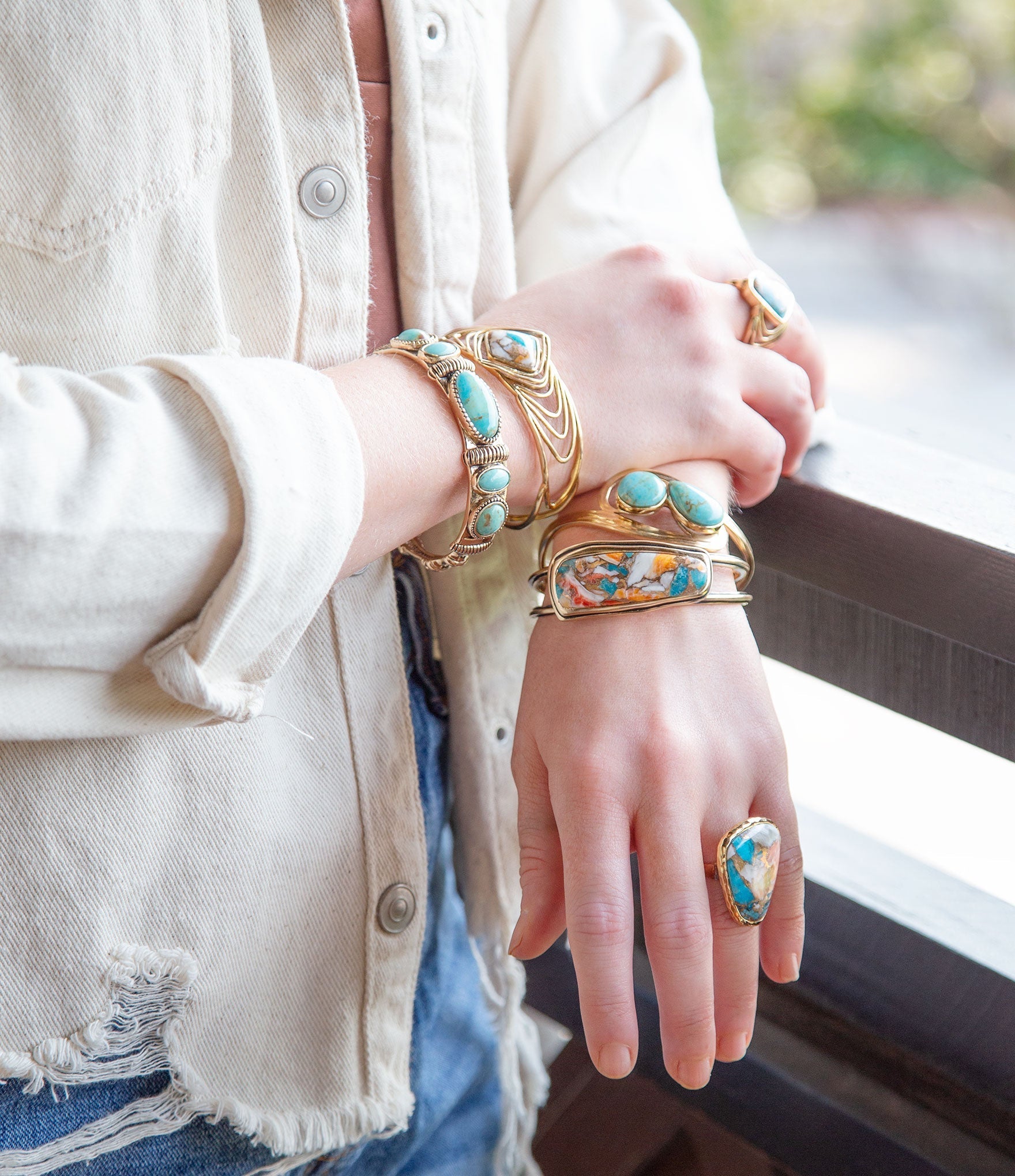 Arrows Blue Turquoise and Orange Spiny Oyster Matrix Golden Cuff Bracelet