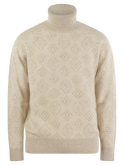 Brunello Cucinelli Men Geometric Jacquard Turtleneck Sweater In Alpaca, Cotton And Wool