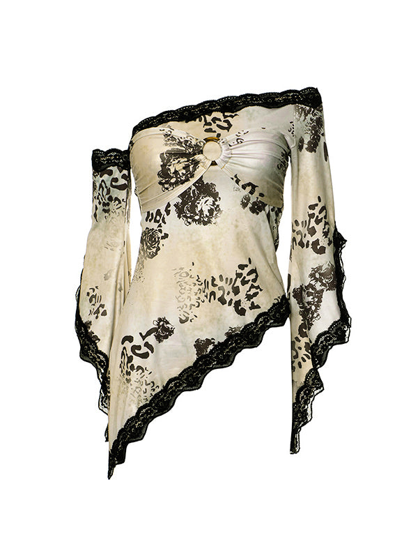 ASYMMETRIC LEOPARD PRINT LACE-TRIMMED TOP