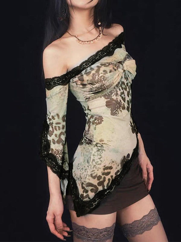 ASYMMETRIC LEOPARD PRINT LACE-TRIMMED TOP