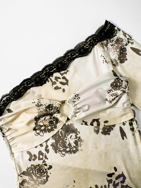 ASYMMETRIC LEOPARD PRINT LACE-TRIMMED TOP