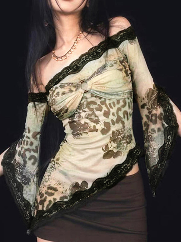 ASYMMETRIC LEOPARD PRINT LACE-TRIMMED TOP