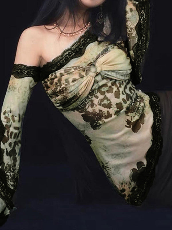 ASYMMETRIC LEOPARD PRINT LACE-TRIMMED TOP