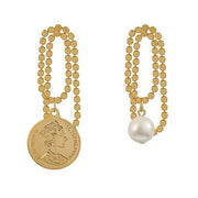 ASYMMETRICAL EARRINGS WITH COIN PENDANT AND PEARL DROP CHARM