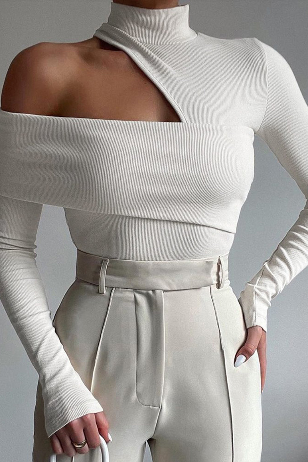 ASYMMETRICAL LONG SLEEVE TOP AND PANTS SET IN SOLID WHITE COLOR
