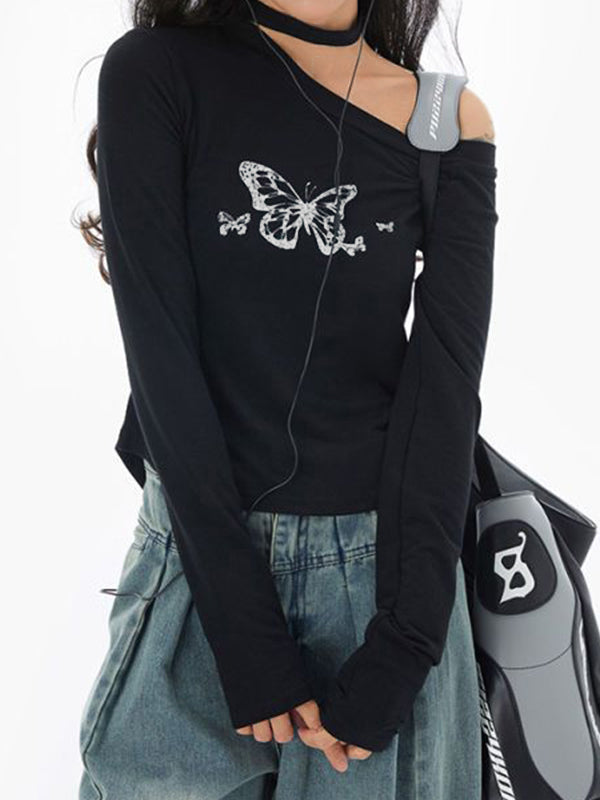 ASYMMETRICAL LONG-SLEEVE TOP WITH BLACK Y2K BUTTERFLY PRINT