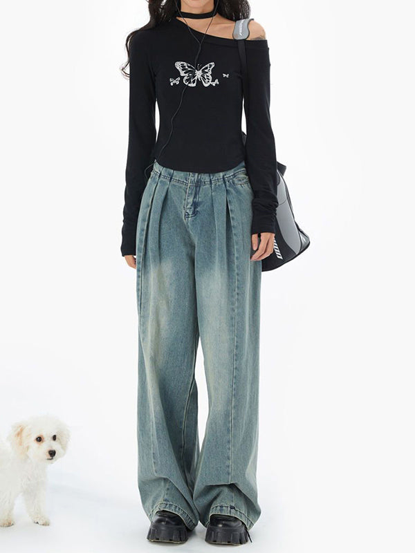 ASYMMETRICAL LONG-SLEEVE TOP WITH BLACK Y2K BUTTERFLY PRINT
