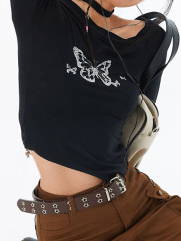 ASYMMETRICAL LONG-SLEEVE TOP WITH BLACK Y2K BUTTERFLY PRINT